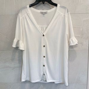 loose button down v neck shirt, great worn alone or great to be layered with